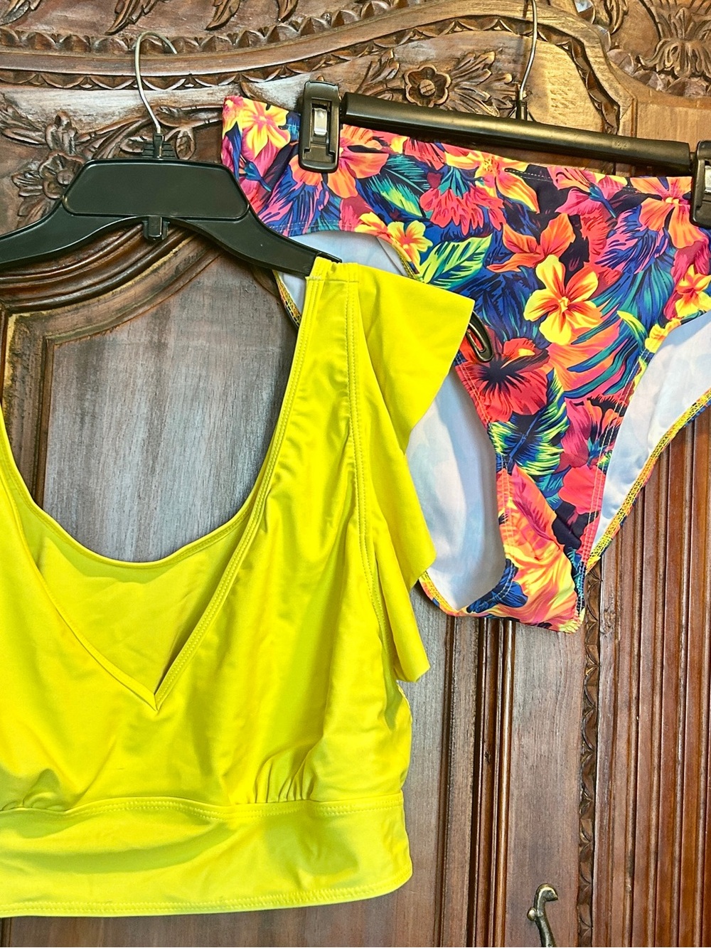 Bright Yellow Ruffle Bikini Top with Tropical Floral Bottom - Women’s Swim Set
